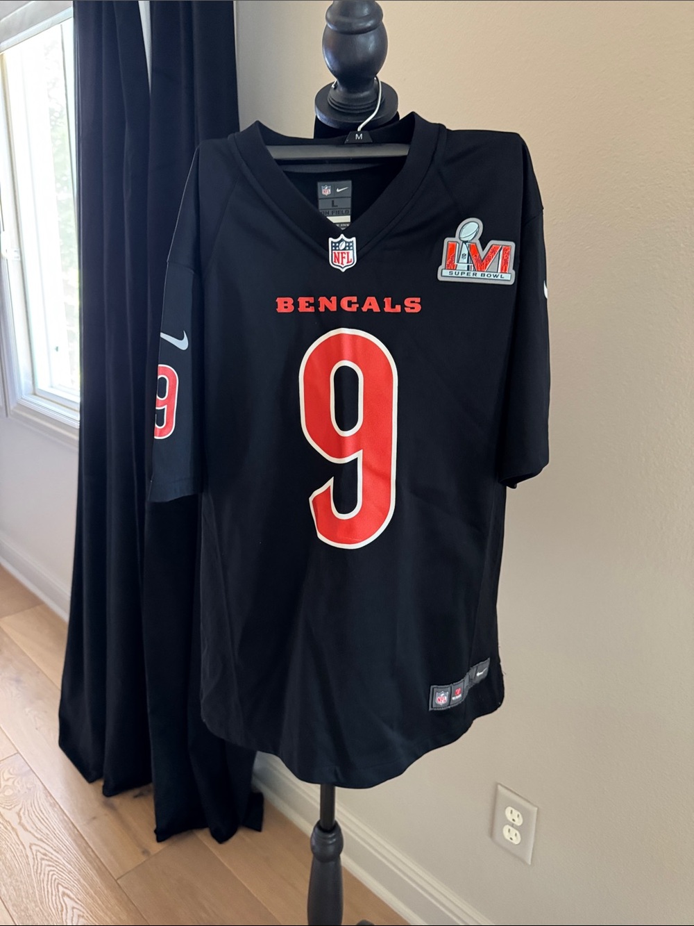 Nike Black Bengals #9 Football Jersey with Red Accents